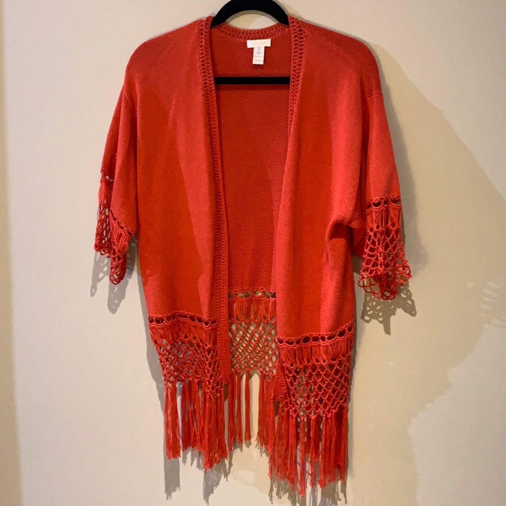 Chico’s Orange Open Cardigan with pretty fringe